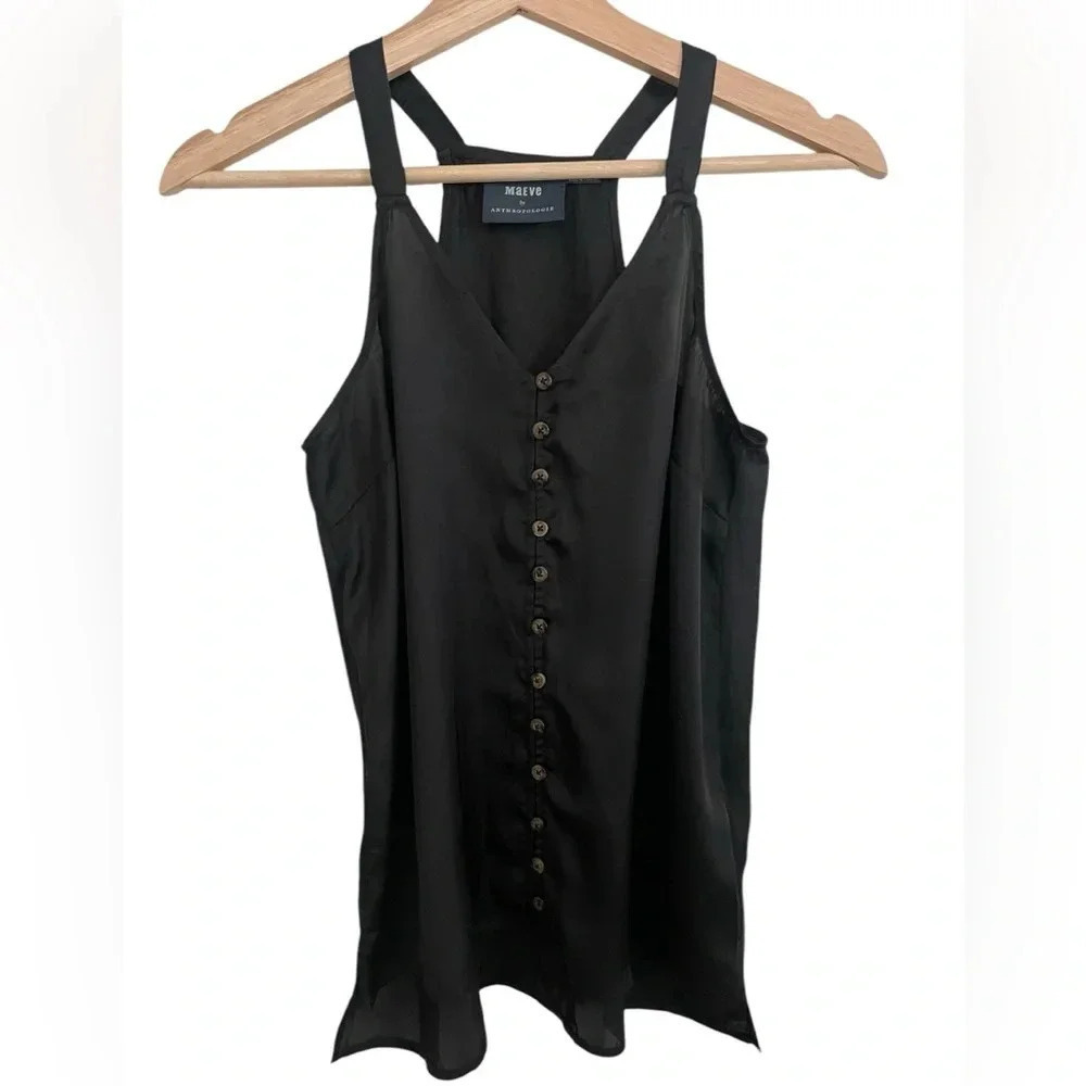 Maeve Anthropologie Black Satin Button Front Cami Top - Picture 8 of 8